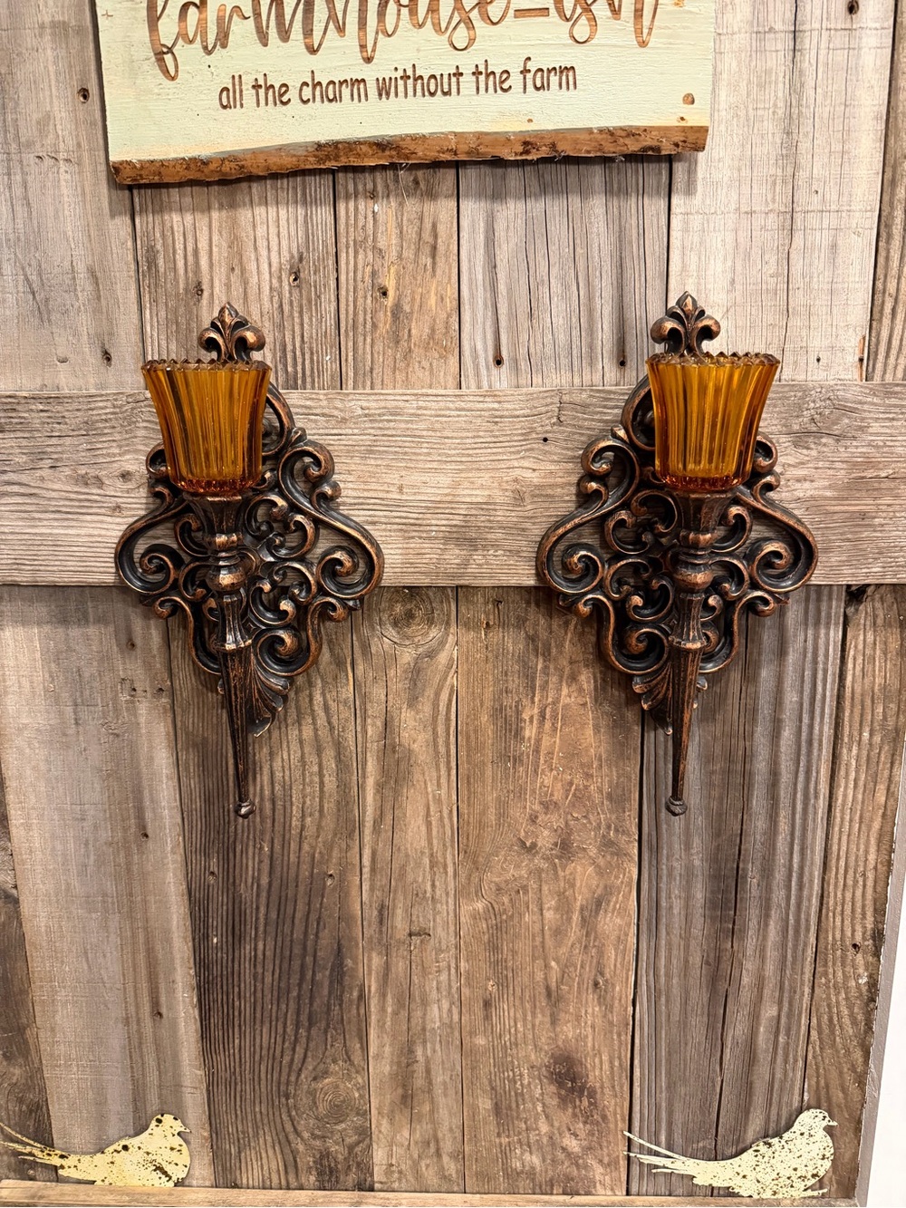 (2) Vintage Dart Homco BOHO Farmhouse Ornate Amber Wall Sconces